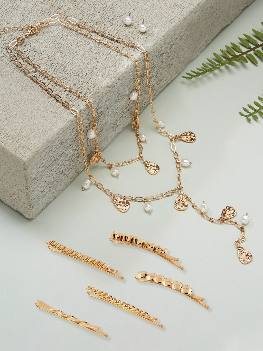 

AMI Women Gold-Plated Contemporary Layered Chain With Earrings & Set of 8 Hair Pins