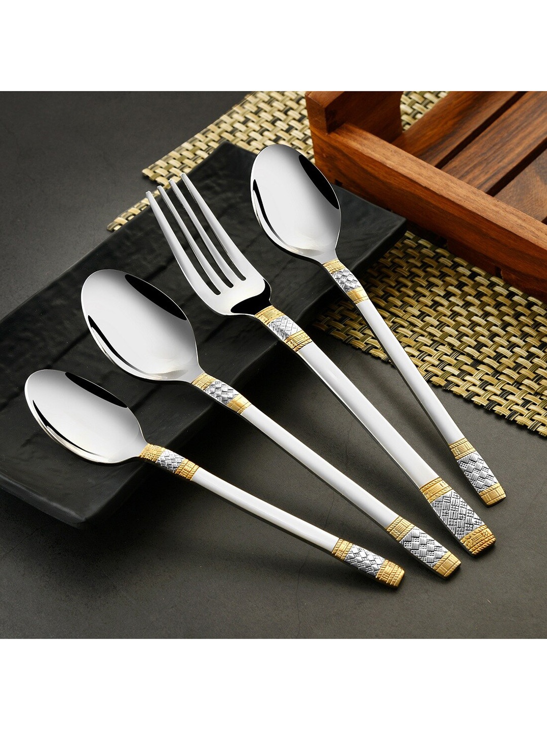 

FNS Celebration 24 Karat Gold Plated 24 Pc Cutlery set with Stand, Silver
