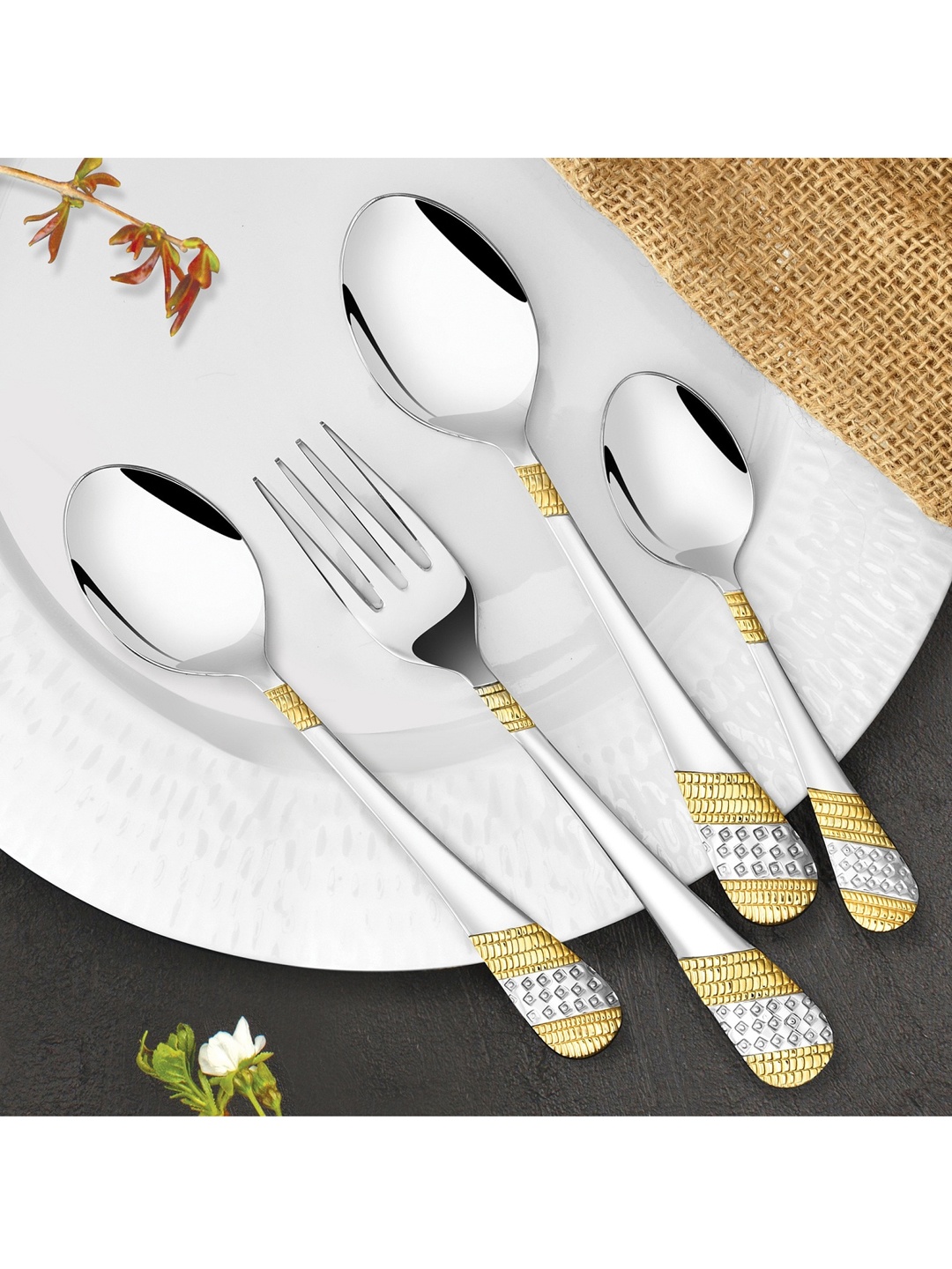 

FNS Imperio 24 Karat Gold Plated 24 Pc Cutlery Set with Stand, Silver