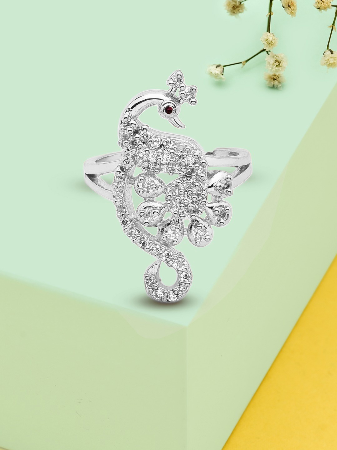 

AMI Silver-Plated & White CZ-Studded Adjustable Finger Ring