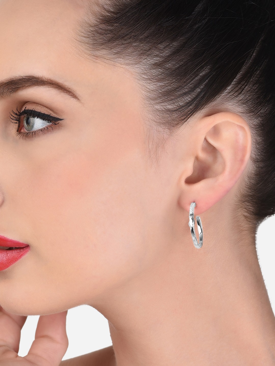 

AMI Silver-Plated Cubic Zirconia Studded Contemporary Hoop Earrings