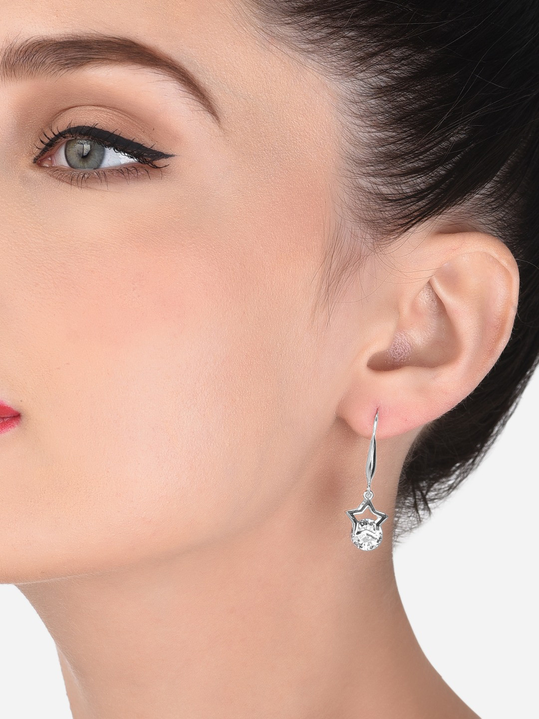

AMI Silver-Toned Cubic Zirconia Studded Drop Earrings