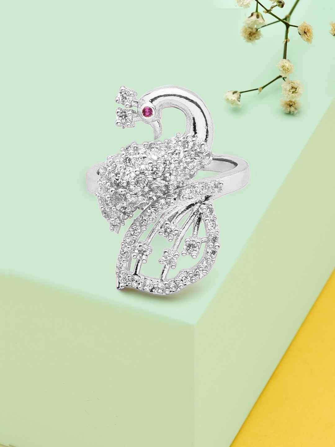 

AMI Silver-Plated CZ-Studded Adjustable Finger Ring