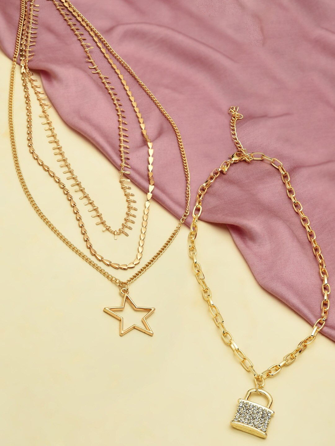 

AMI Pack Of 2 Gold-Toned Gold-Plated Layered Chain