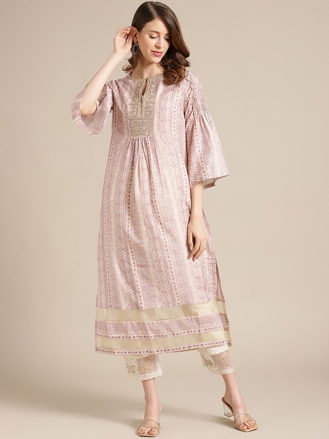 

Varanga Women Beige Embroidered Panelled Pure Cotton Kurta with Trousers