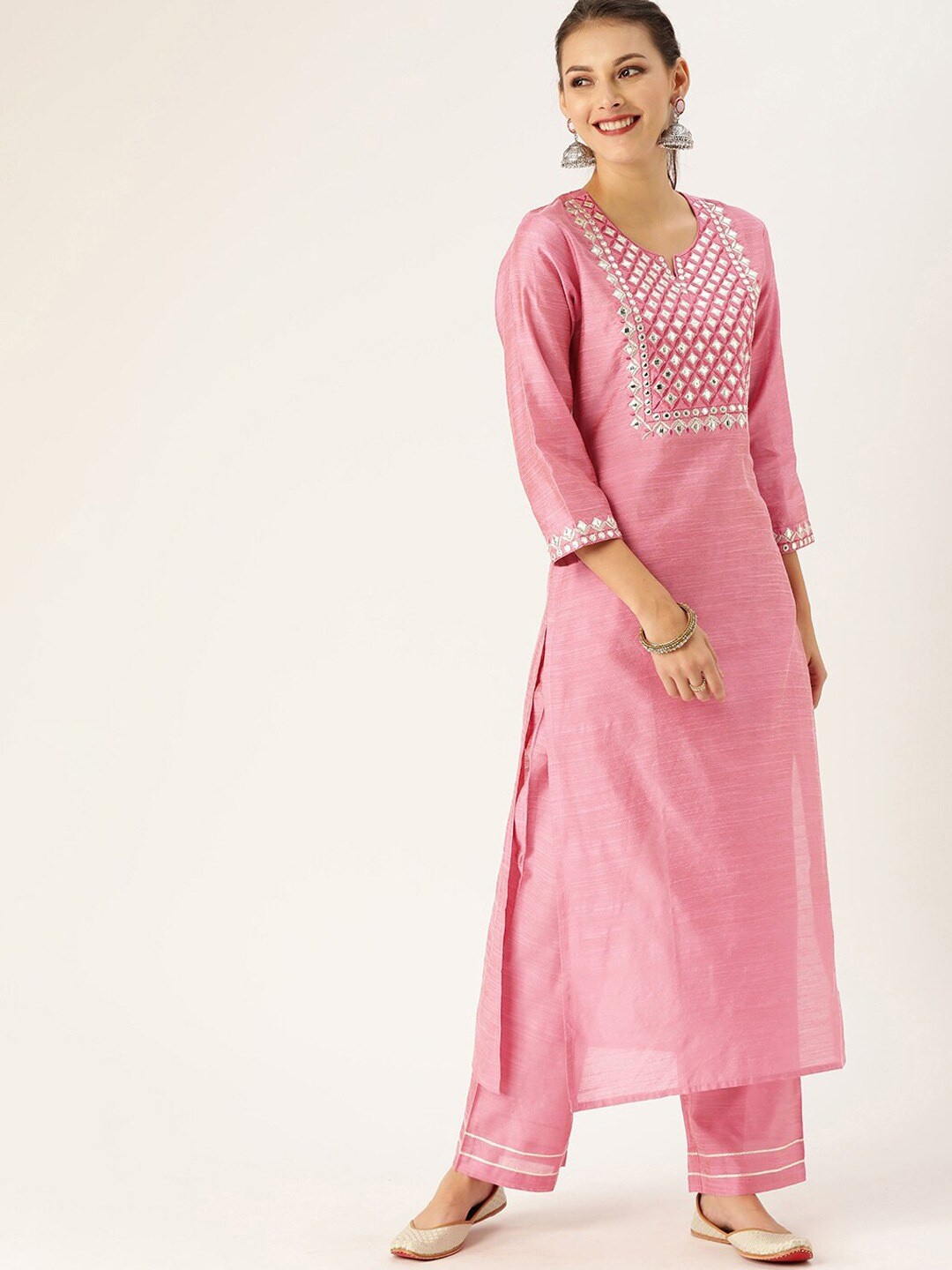 

Varanga Women Pink Embroidered Layered Mirror Work Kurti with Trousers