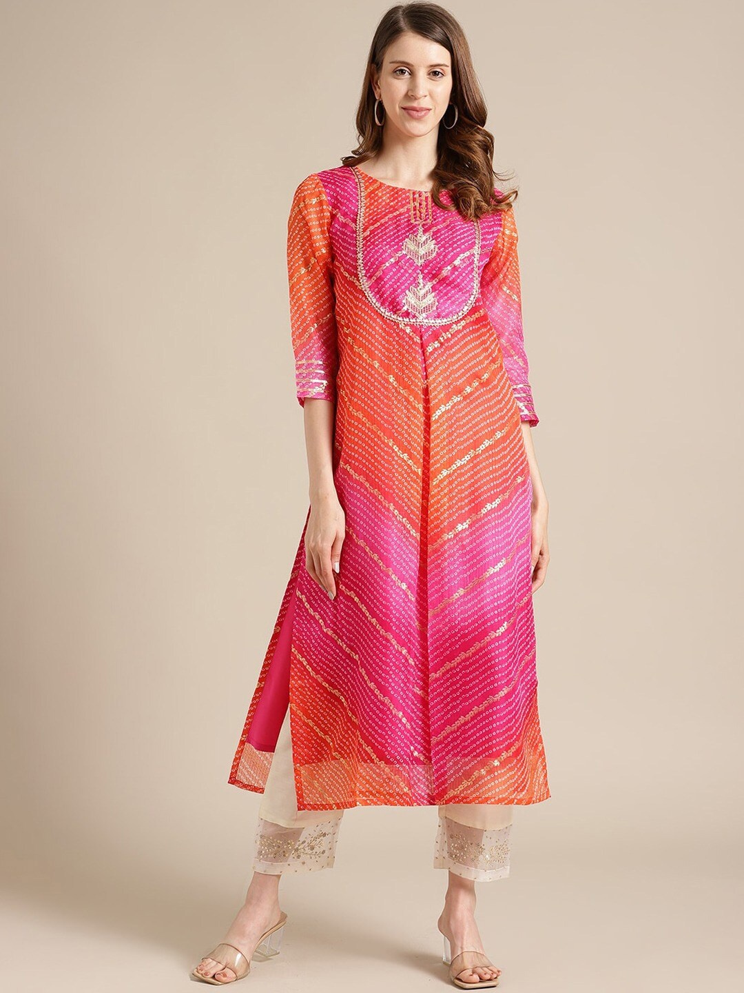 

Varanga Women Pink Embroidered Panelled Pure Cotton Kurta with Trousers