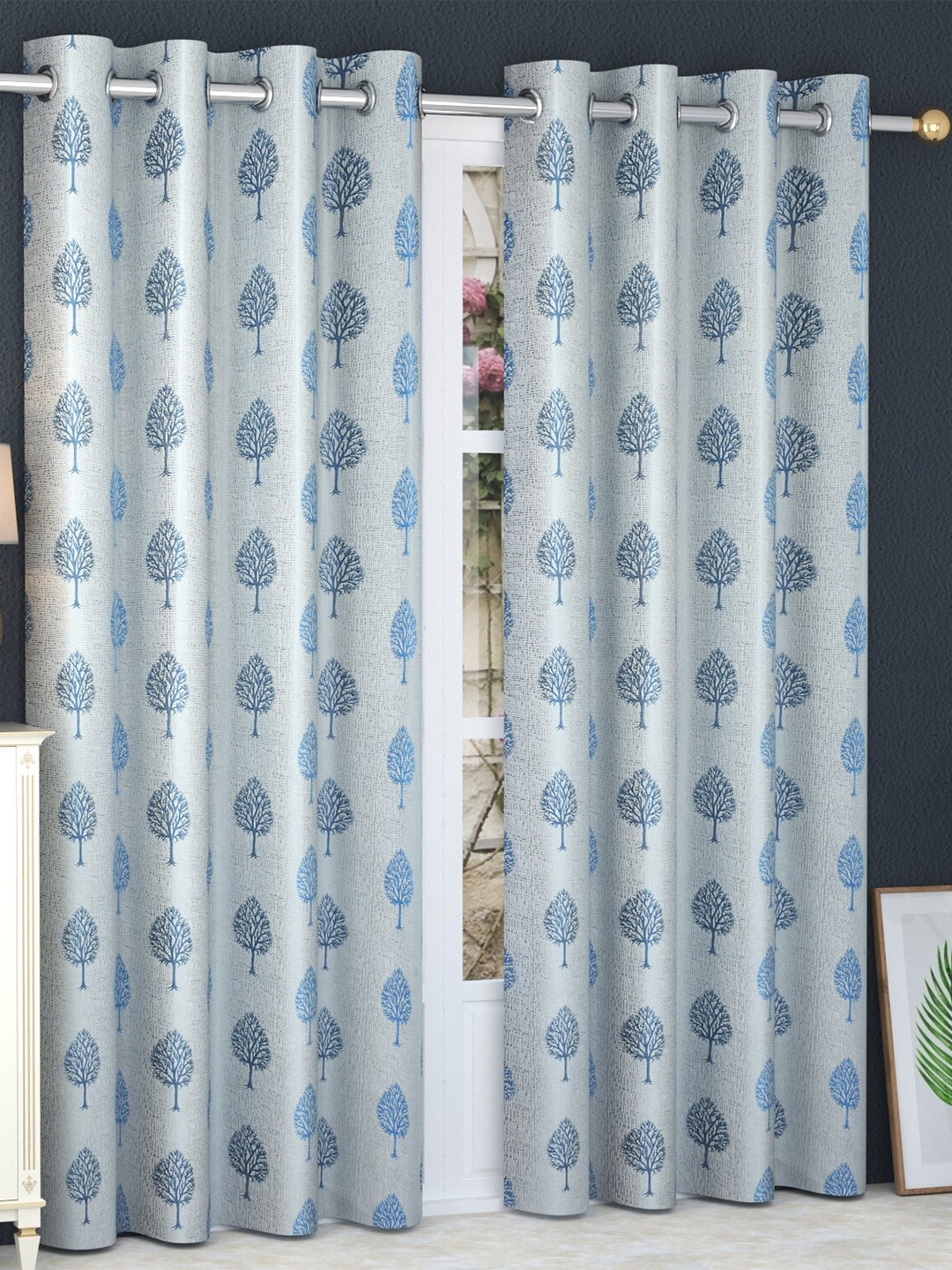 

MULTITEX Blue Set of 2 Floral Long Door Curtain