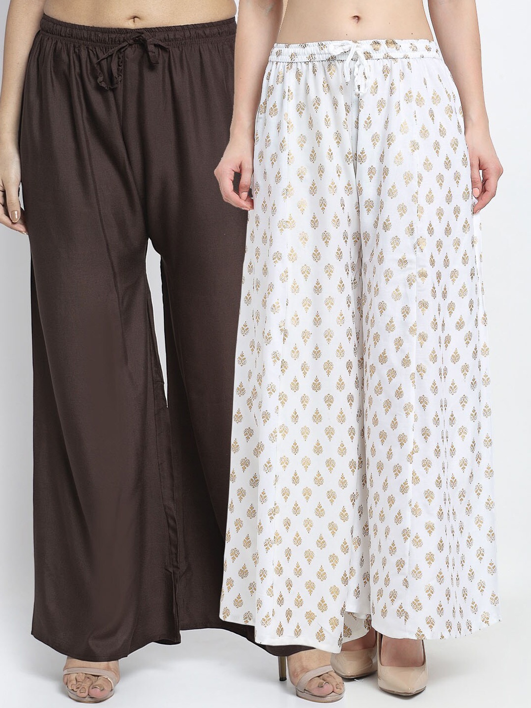 

Jinfo Women Brown & White Set Of 2 Ethnic Motifs Printed Flared Knitted Ethnic Palazzos