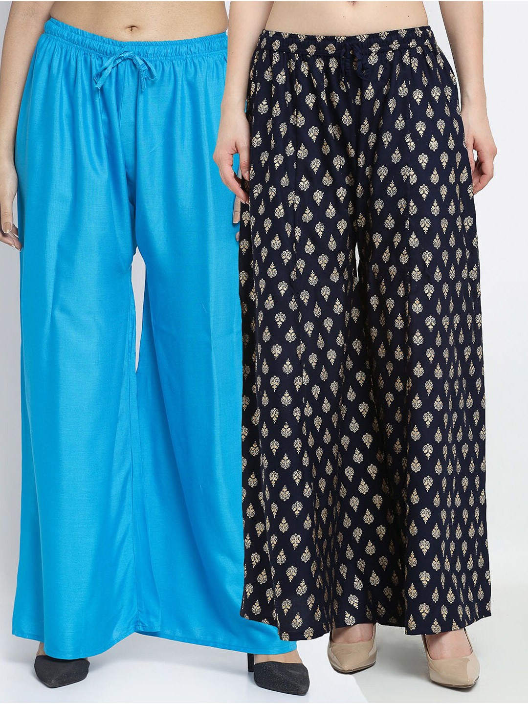

Jinfo Women Set of 2 Blue & Gold-Toned Floral Printed Flared Knitted Ethnic Palazzos