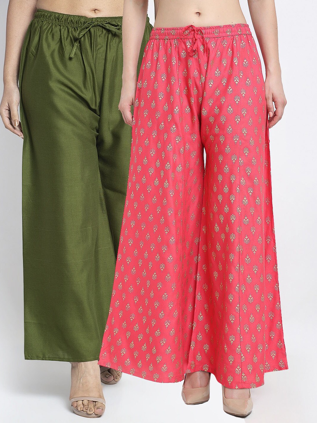 

Jinfo Women Green & Pink Set of 2 Printed Flared Knitted Ethnic Palazzos