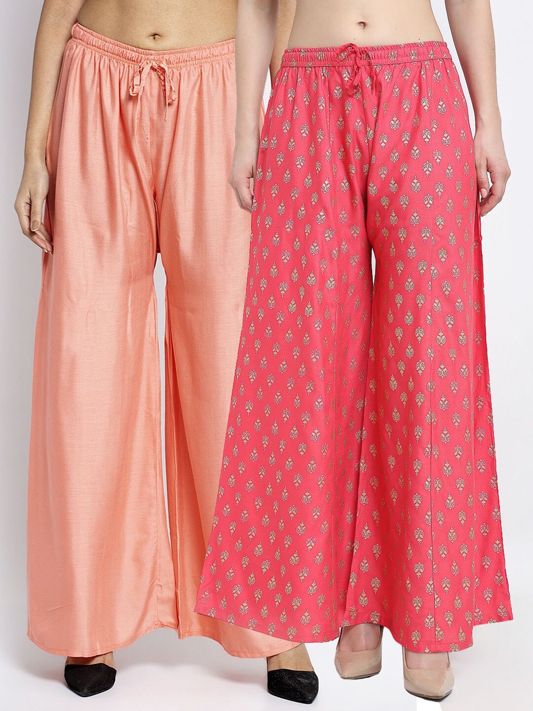 

Jinfo Women Peach-Coloured & Orange Ethnic Motifs Printed Flared Palazzos Set Of 2