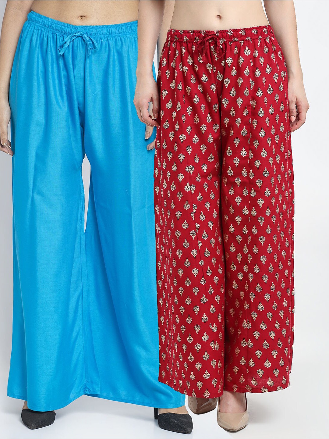 

Jinfo Women Pack of 2 Ethnic Motifs Printed Flared Knitted Ethnic Palazzos, Blue