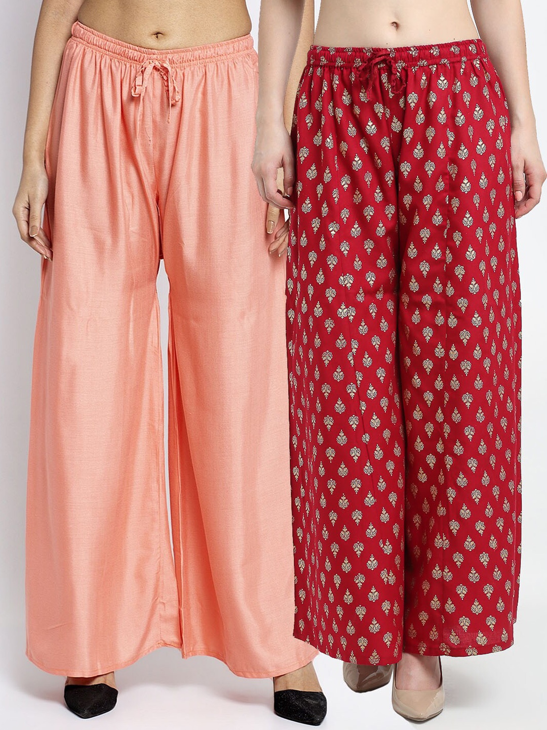 

Jinfo Women Peach-Coloured & Red 2 Ethnic Motifs Printed Flared Knitted Ethnic Palazzos