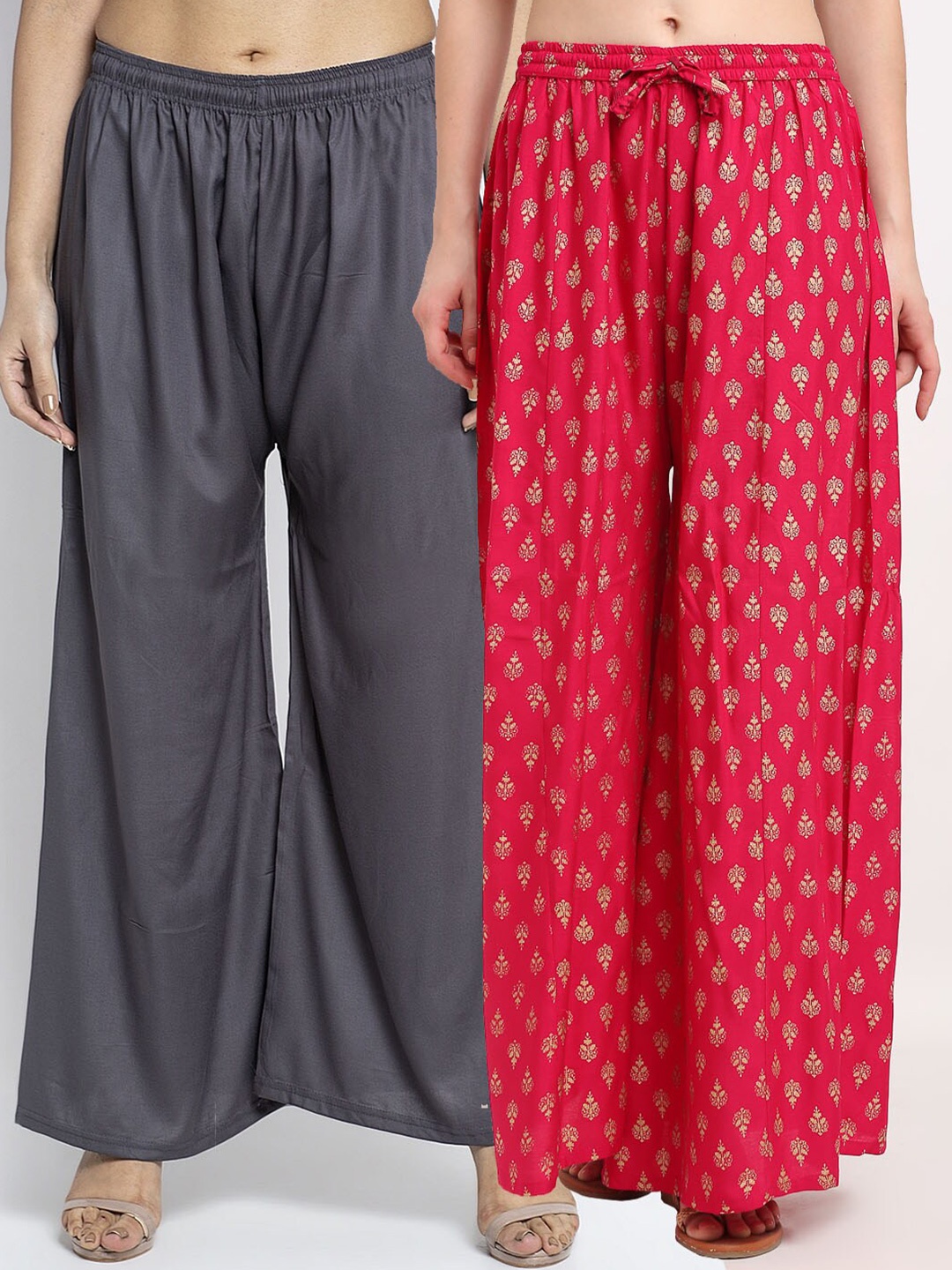 

Jinfo Women Pack of 2 Floral Printed Flared Knitted Ethnic Palazzos, Grey