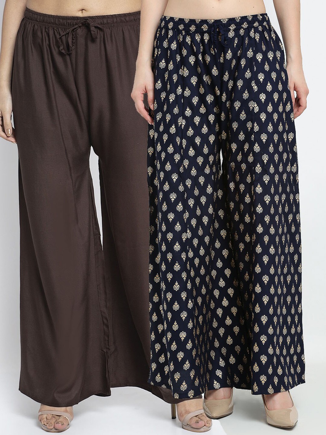 

Jinfo Women Pack of 2 Brown & Black Printed Flared Knitted Ethnic Palazzos