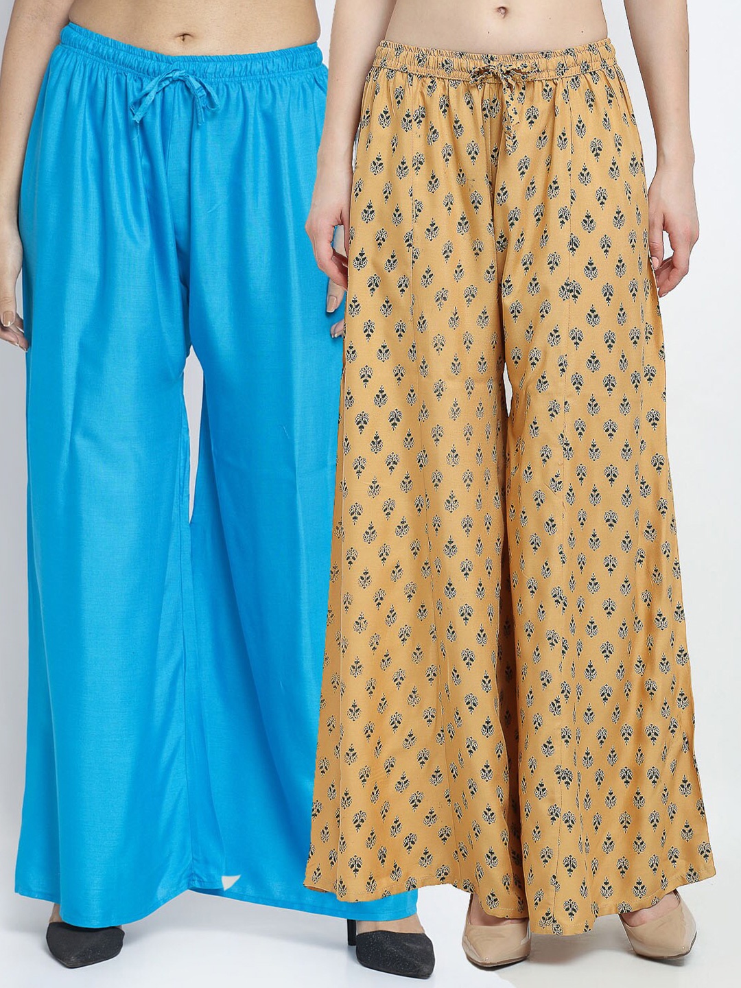 

Jinfo Women Pack of 2 Blue & Beige Floral Printed Flared Knitted Ethnic Palazzos