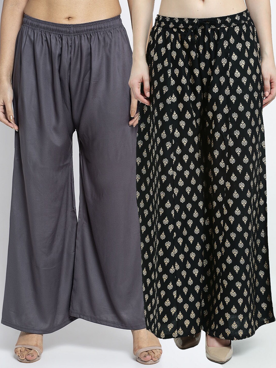 

Jinfo Women Grey & Black 2 Ethnic Motifs Printed Flared Palazzos Set Of 2