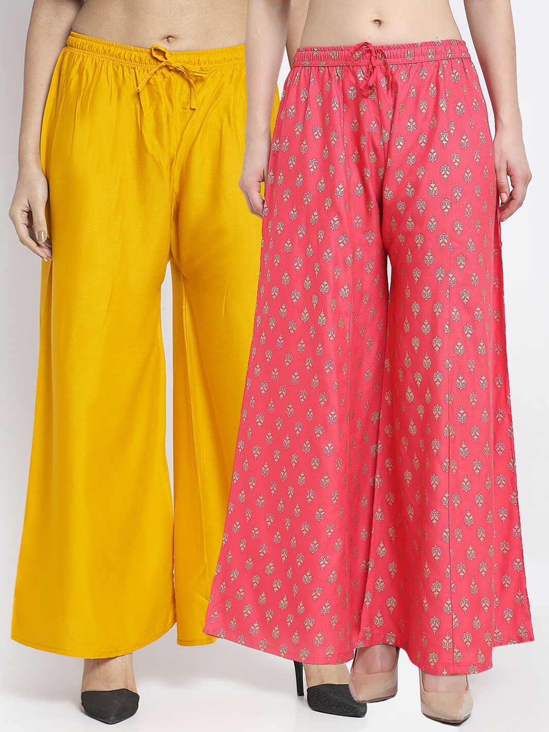 

Jinfo Women Yellow & Coral Set of 2 Printed Flared Knitted Ethnic Palazzos