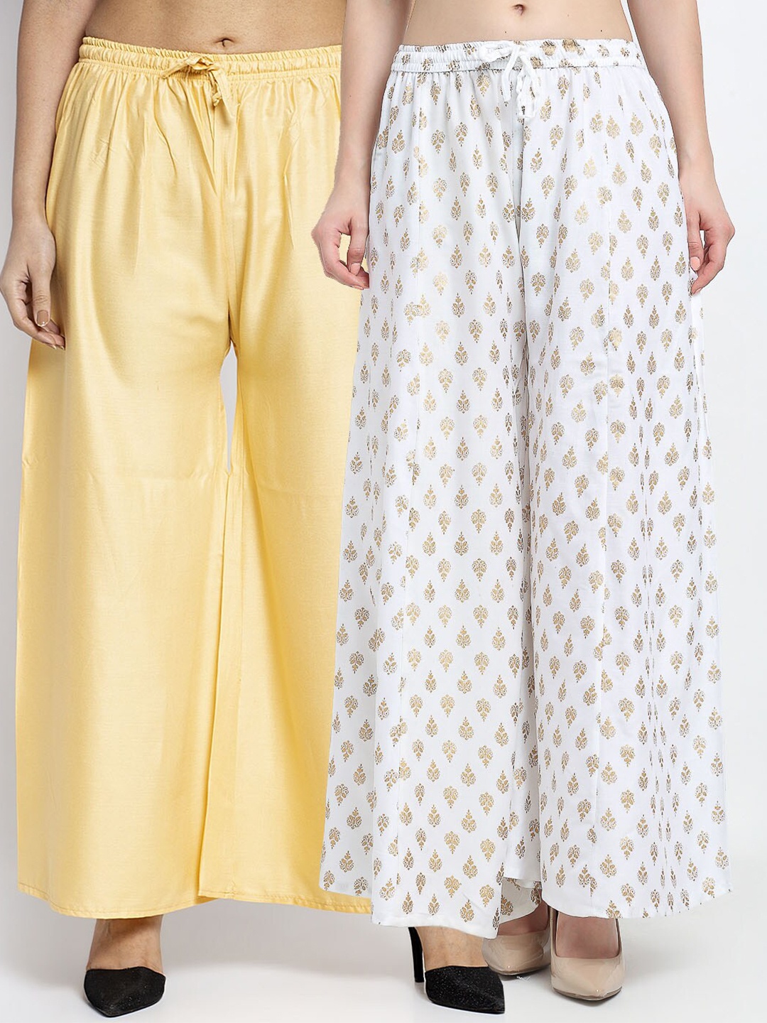 

Jinfo Women Beige & White 2 Ethnic Motifs Printed Flared Woven Palazzos