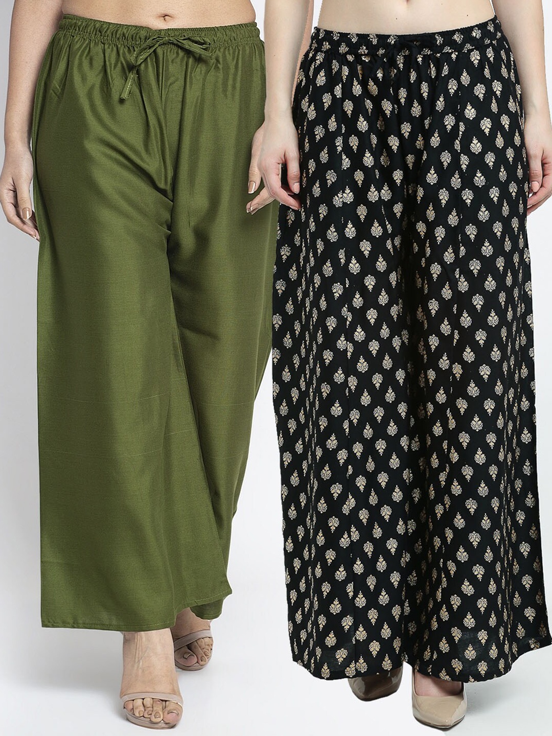 

Jinfo Women Pack of 2 Olive Green & Black Ethnic Motifs Printed Flared Ethnic Palazzos