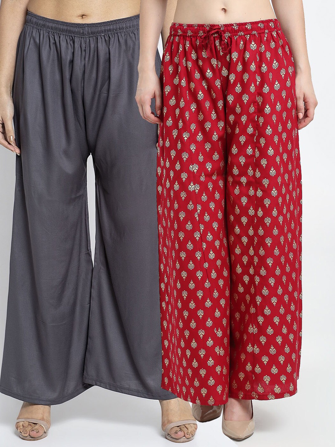

Jinfo Pack of 2 Grey & Maroon Ethnic Motifs Printed Flared Ethnic Palazzos
