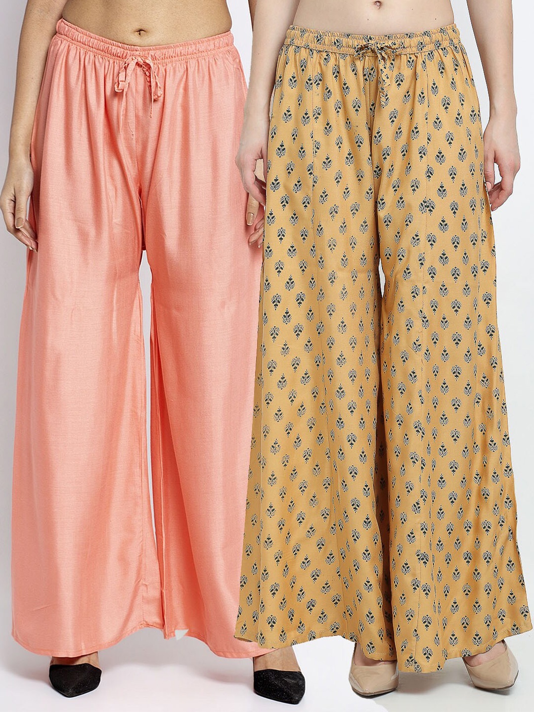 

Jinfo Women Peach-Coloured & Beige 2 Ethnic Motifs Printed Flared Palazzos Set Of 2