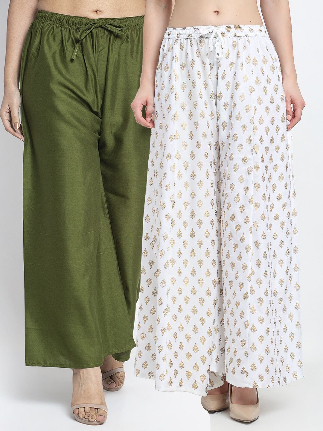 

Jinfo Women Olive Green & White 2 Knitted Ethnic Palazzos