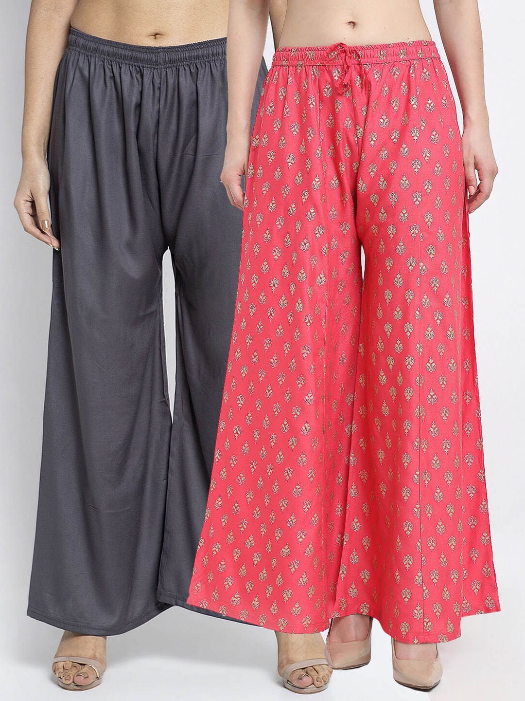 

Jinfo Pack of 2 Grey & Orange Ethnic Motifs Printed Flared Knitted Ethnic Palazzos