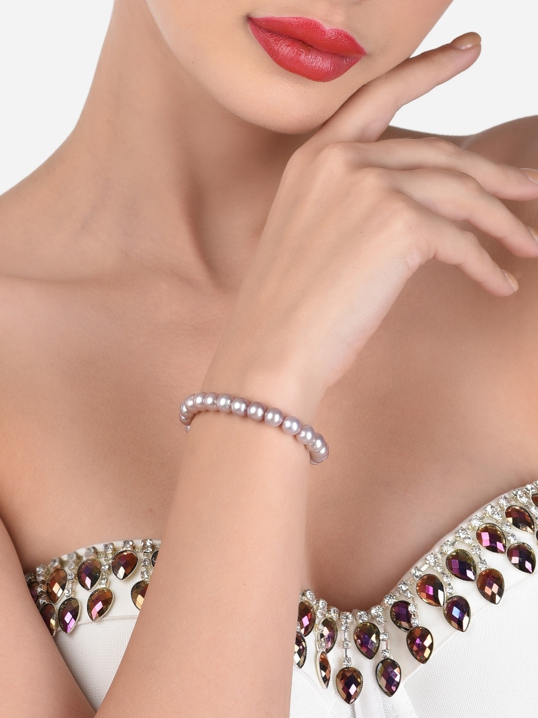 

Zaveri Pearls Women Silver-Plated & Lavender Freshwater Natural Pearls Wraparound Bracelet