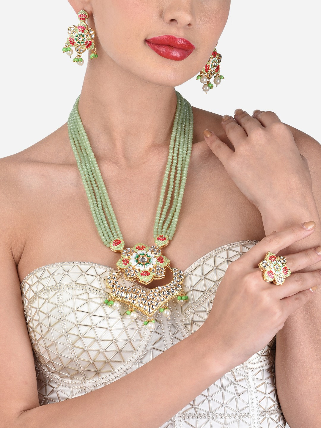 

Zaveri Pearls Gold-Plated White & Green Stone-Studded & Beaded Meenakari Jewellery Set
