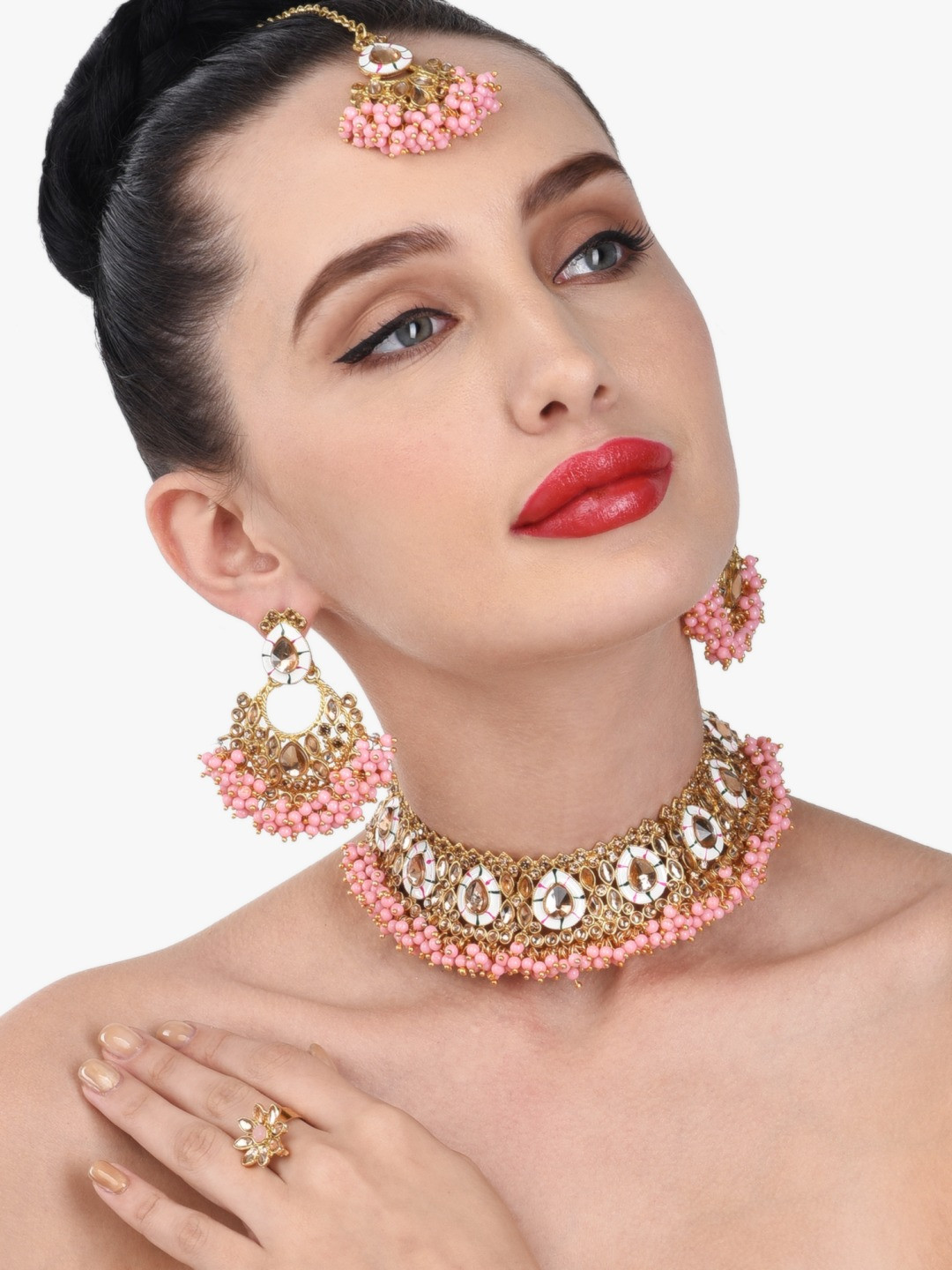 

Zaveri Pearls Gold-Plated Pink & White Stone-Studded & Pearl Beaded Meenakari Jewellery Set