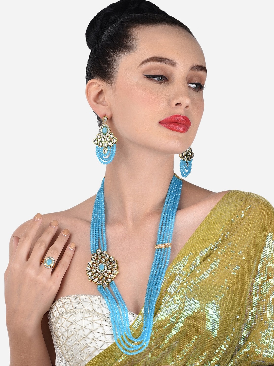 

Zaveri Pearls Turquoise Blue Multistrand Side Brooch Necklace With Earring & Ring Set