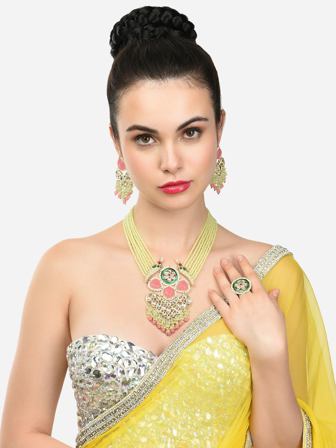 

Zaveri Pearls Gold-Plated Pink & Green Beaded Multistrand Bridal Jewellery Set