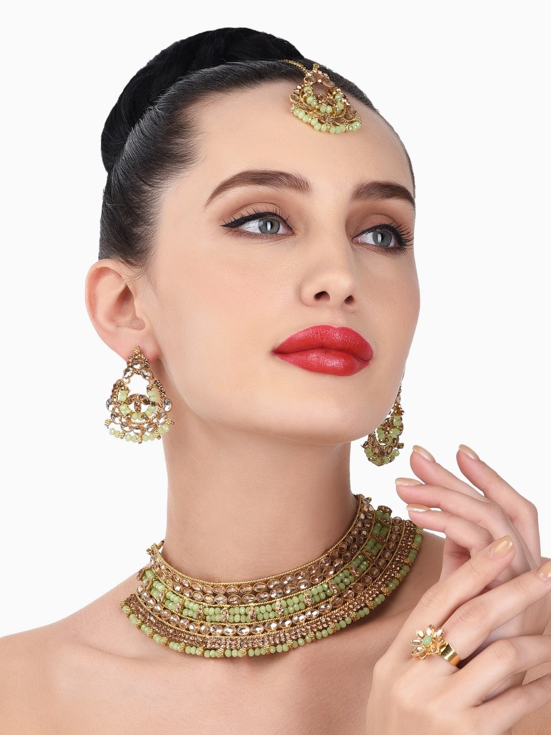 

Zaveri Pearls Gold-Plated Green & Beige Stone-Studded & Pearl Beaded Jewellery Set