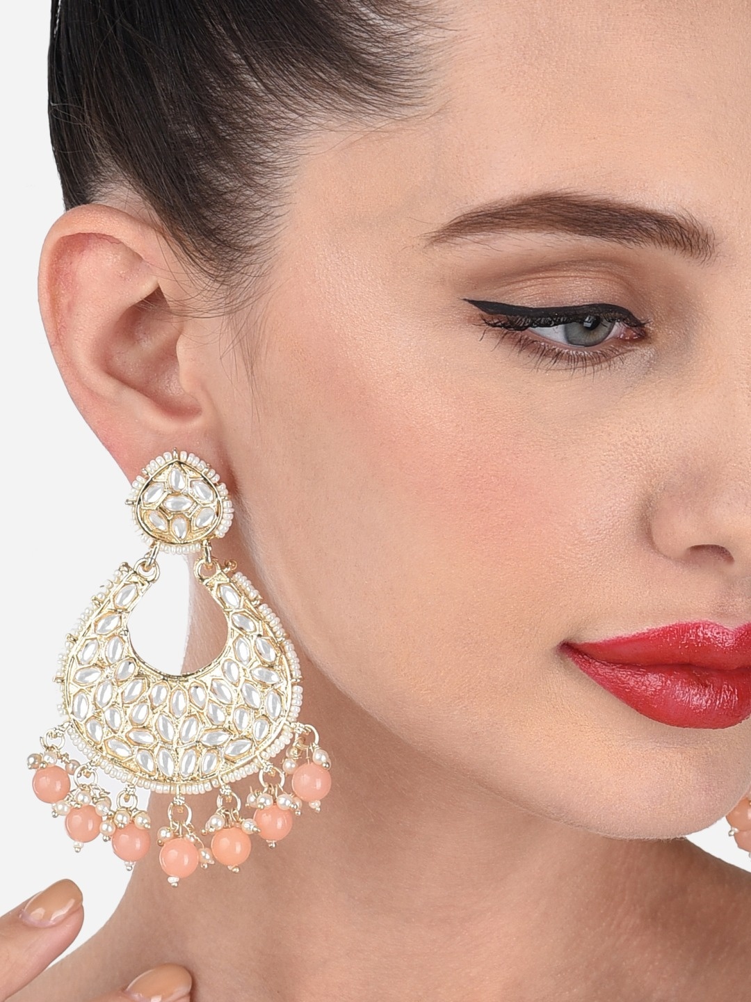 

Zaveri Pearls Peach-Coloured Contemporary Chandbalis Earrings