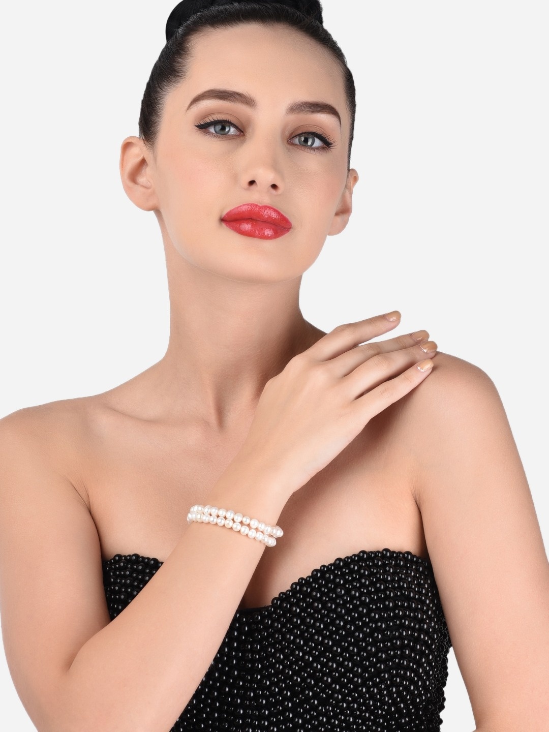 

Zaveri Pearls Gold-Plated & White Freshwater Natural Button AAA+ Dual Strand Bracelet