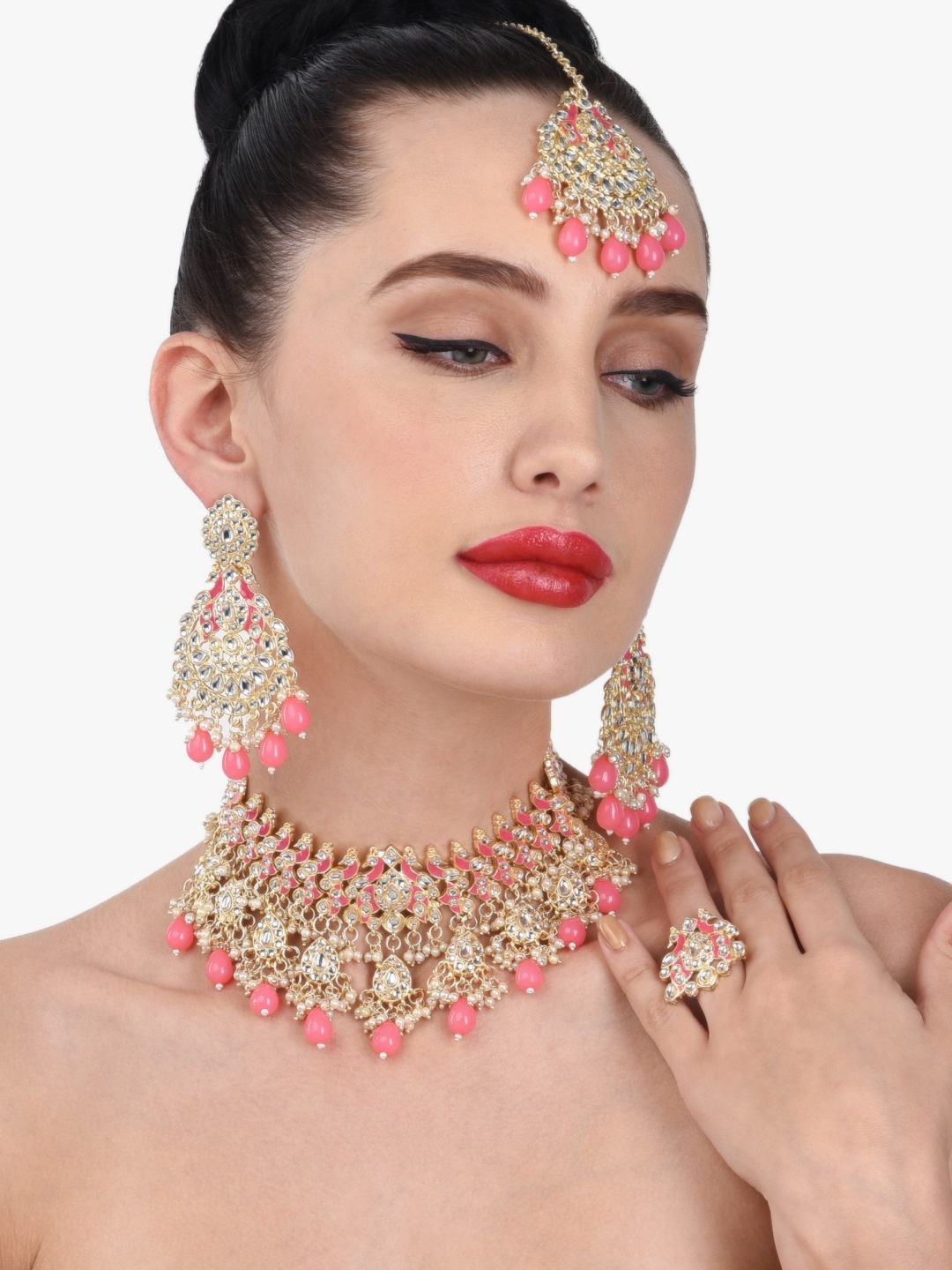 

Zaveri Pearls Gold-Plated Pink Kundan Studded Meenakari Jewellery Set