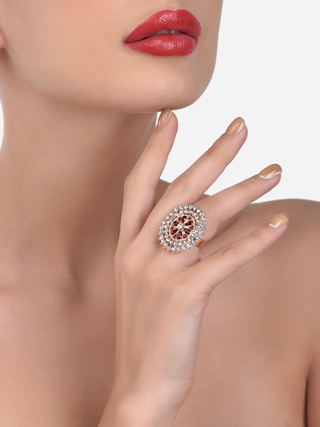 

Zaveri Pearls Rose Gold-Plated Red Stone Studded Adjustable Contemporary Finger Ring