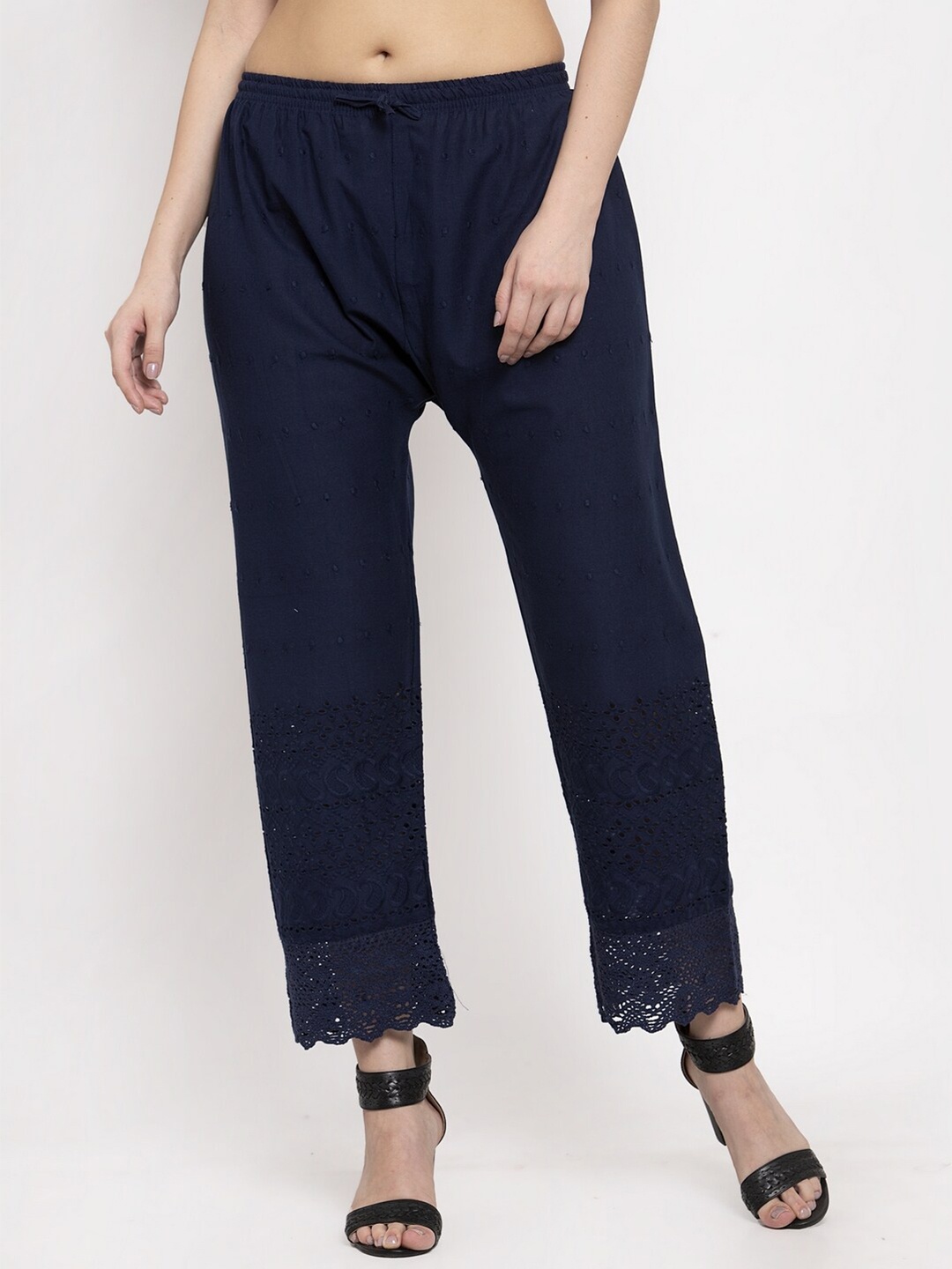 

Miaz Lifestyle Women Navy Blue Self Design Ethnic Motifs Knitted Palazzos