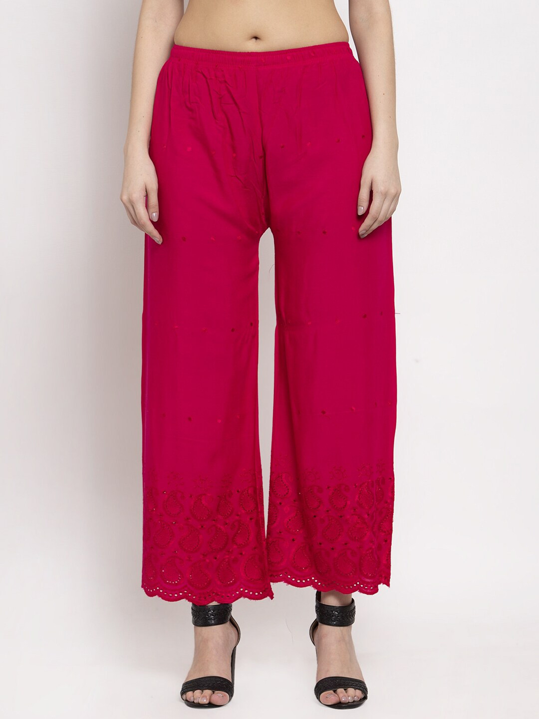 

Miaz Lifestyle Women Pink Ethnic Motifs Embroidered Knitted Palazzos