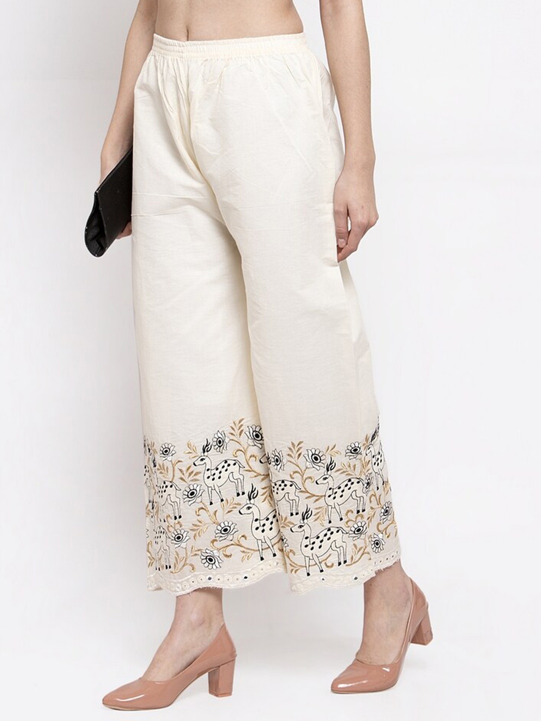 

Miaz Lifestyle Women Off White & Gold-Toned Printed Straight Palazzos