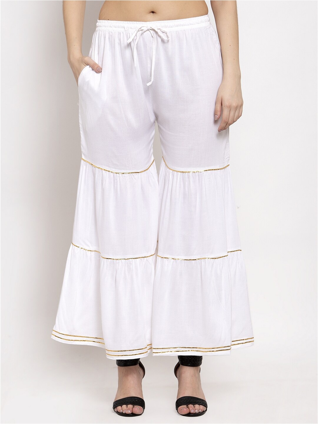 

Miaz Lifestyle Women White & Gold-Toned Knitted Palazzos