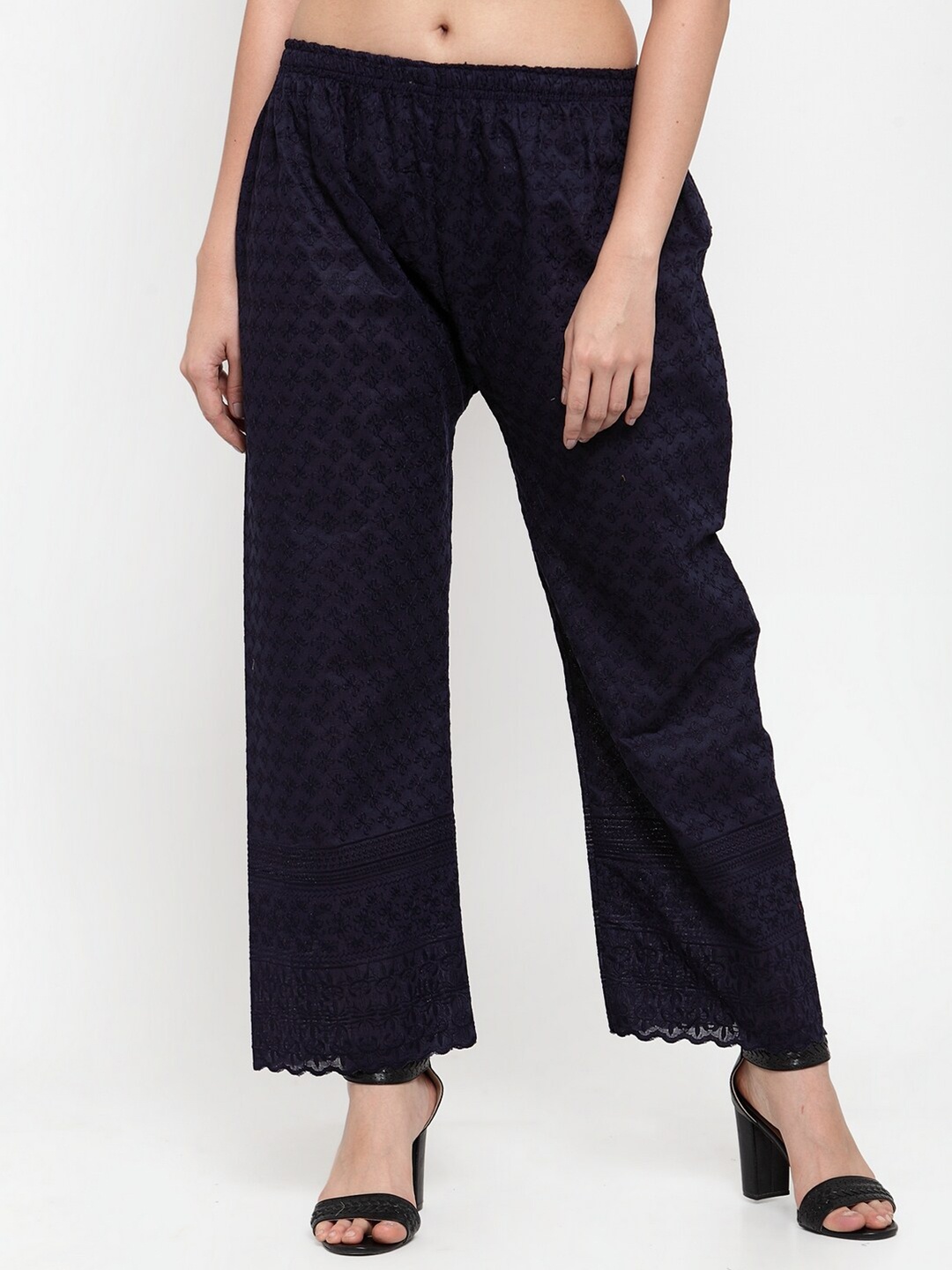 

Miaz Lifestyle Women Navy Blue Ethnic Motifs Knitted Straight Palazzos