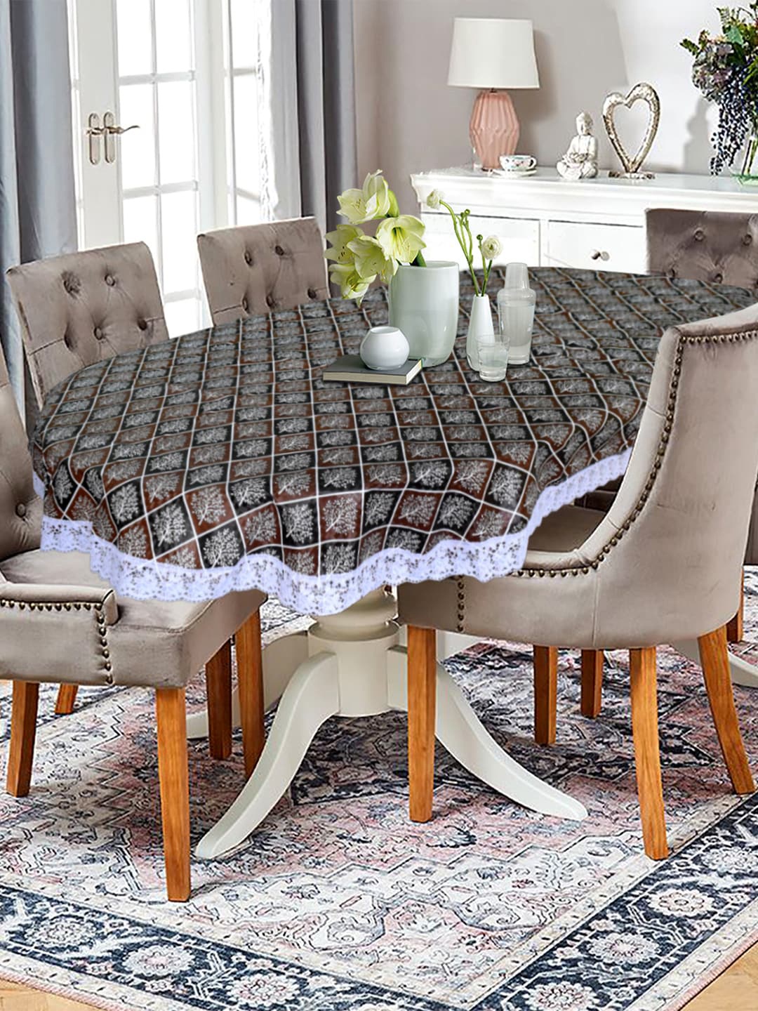 

Kuber Industries Brown Black Printed Oval Table Covers