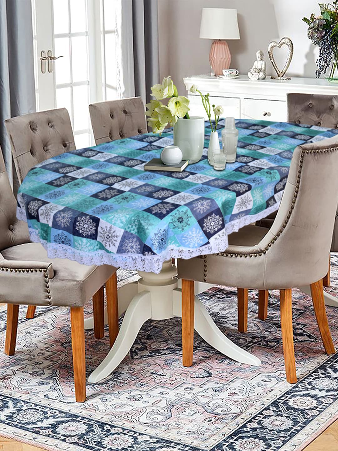

Kuber Industries Blue & White Printed 6-Seater Table Cover
