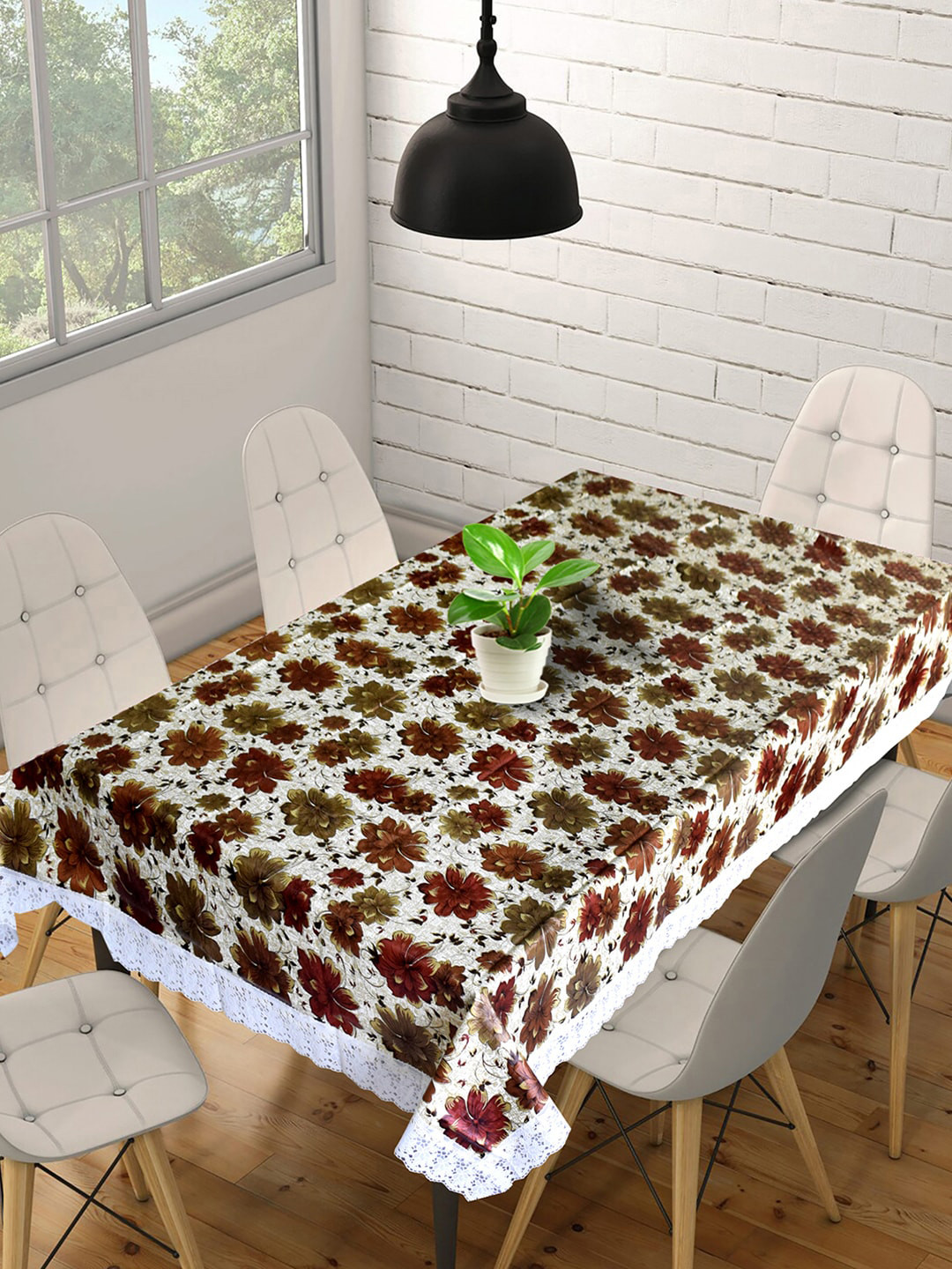 

Kuber Industries Brown & White Floral Printed 6-Seater Table Cover