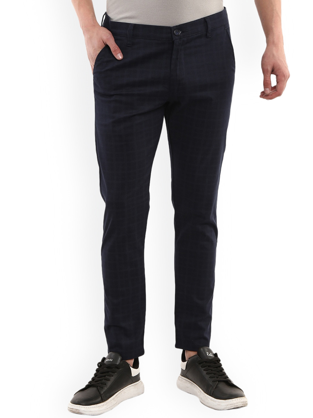 

V-Mart Men Navy Blue Checked Classic Chinos Trousers