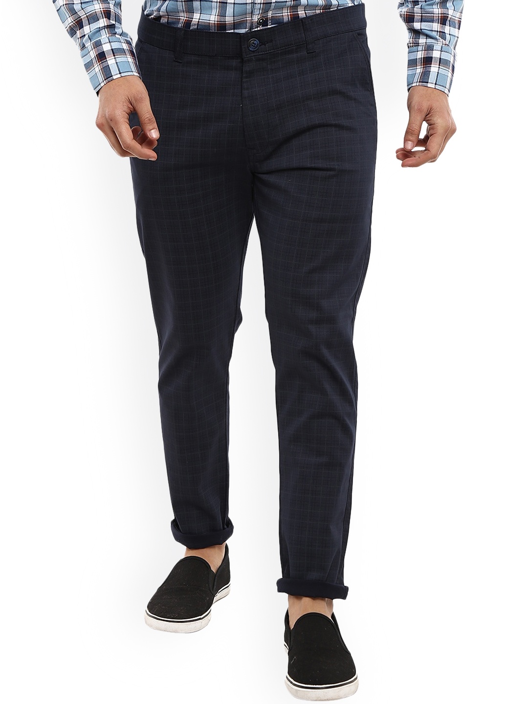 

V-Mart Men Blue Checked Classic Chinos Trousers