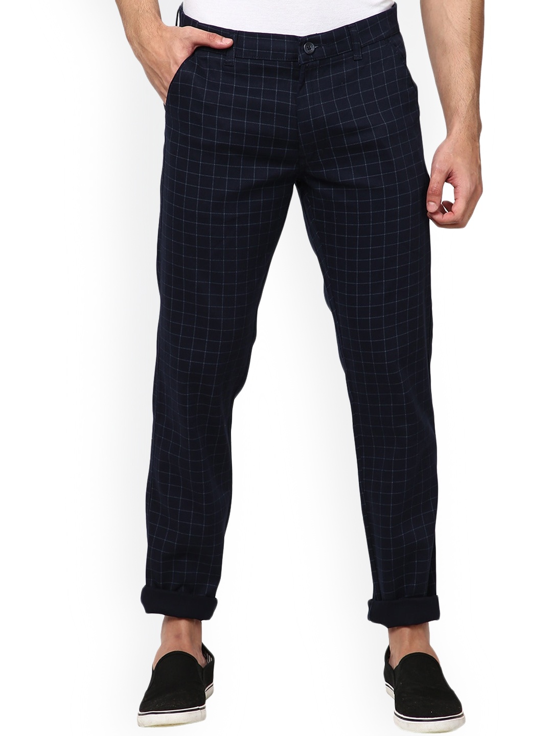 

V-Mart Men Navy Blue Checked Classic Slim Fit Chinos Trousers